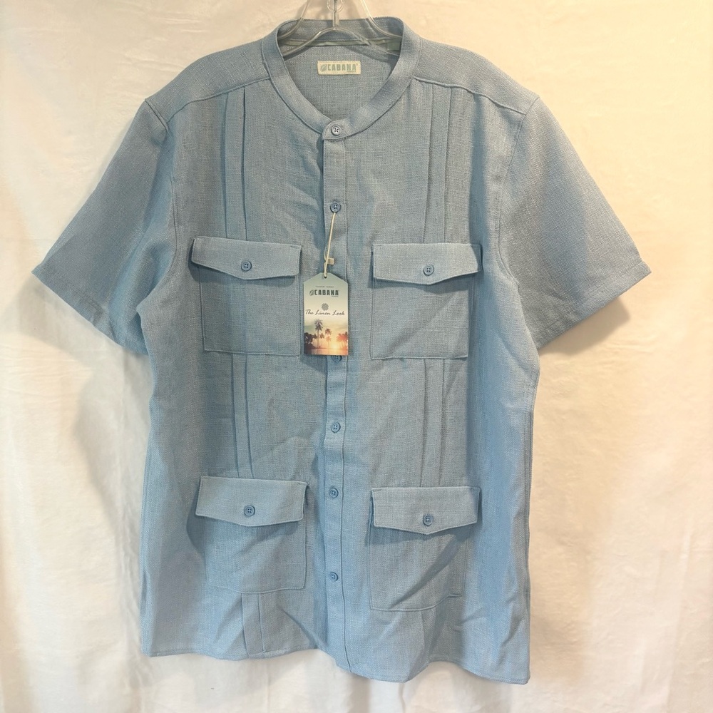 CABANA FASHIONS Men’s Guayabera Shirt L Blue Linen Look 4-Pocket Band Collar NWT
